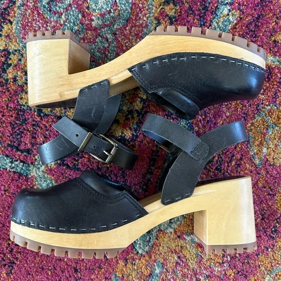 Mia | Women’s black leather Mary Jane style buckle strap wooden platform clogs 7