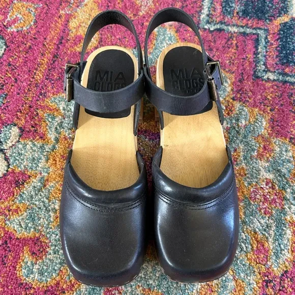 Mia | Women’s black leather Mary Jane style buckle strap wooden platform clogs 7