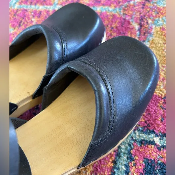 Mia | Women’s black leather Mary Jane style buckle strap wooden platform clogs 7
