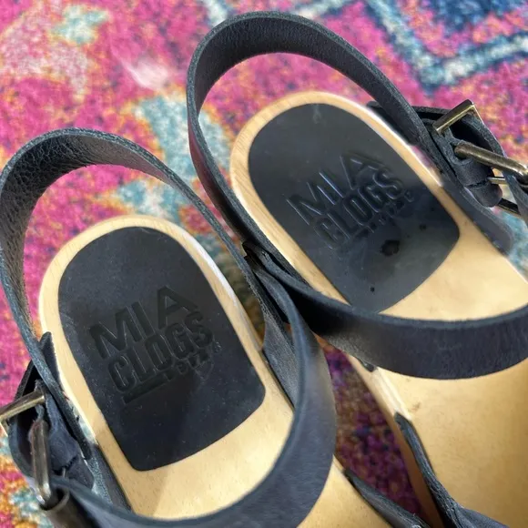 Mia | Women’s black leather Mary Jane style buckle strap wooden platform clogs 7