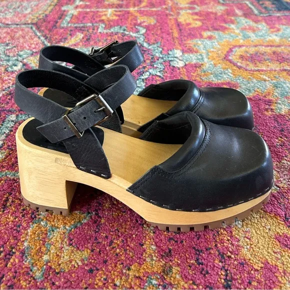 Mia | Women’s black leather Mary Jane style buckle strap wooden platform clogs 7