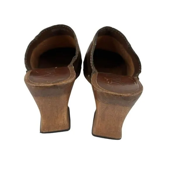 MIA Wooden Clogs Mules Y2K Brown Distressed Leather Womens US Size 7 Chunky Heel
