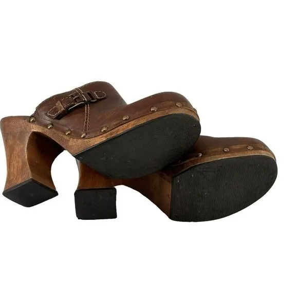 MIA Wooden Clogs Mules Y2K Brown Distressed Leather Womens US Size 7 Chunky Heel