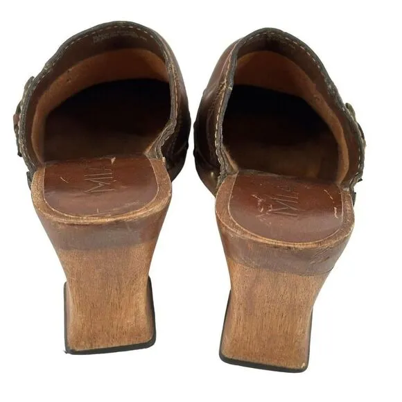 MIA Wooden Clogs Mules Y2K Brown Distressed Leather Womens US Size 7 Chunky Heel