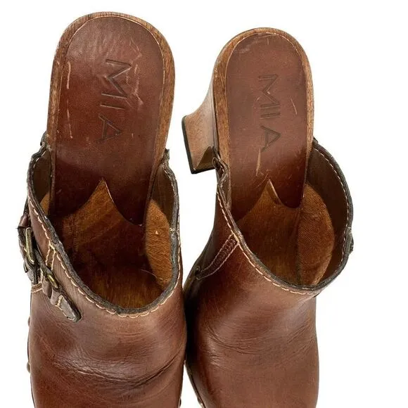 MIA Wooden Clogs Mules Y2K Brown Distressed Leather Womens US Size 7 Chunky Heel