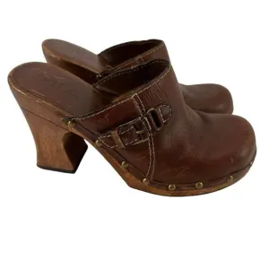 MIA Wooden Clogs Mules Y2K Brown Distressed Leather Womens US Size 7 Chunky Heel