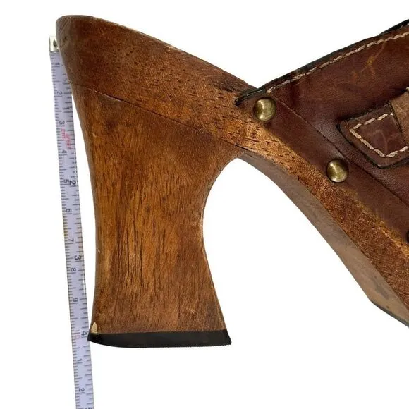 MIA Wooden Clogs Mules Y2K Brown Distressed Leather Womens US Size 7 Chunky Heel