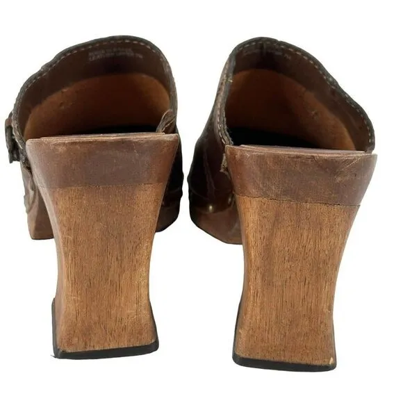 MIA Wooden Clogs Mules Y2K Brown Distressed Leather Womens US Size 7 Chunky Heel