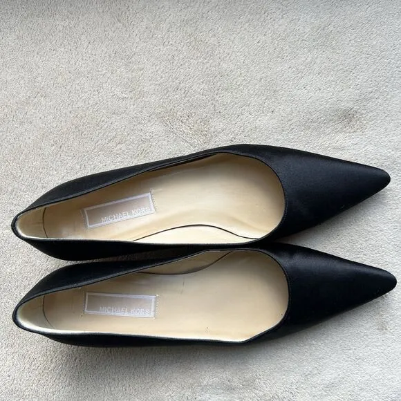 Michael Kors Black Satin Kitten Heel Pump Women 7 Pointed Toe Classic Minimalist