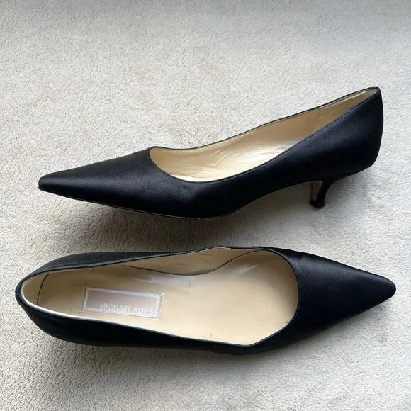 Michael Kors Black Satin Kitten Heel Pump Women 7 Pointed Toe Classic Minimalist