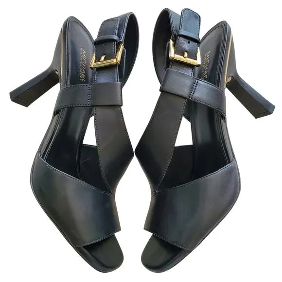 Michael Kors Cleo Black Leather Open Toe Slingback Sandals Size 8.5