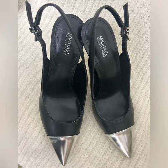 Michael Kors Kadence black leather cap toe slingback pump 4” heel Sz-8M.  J