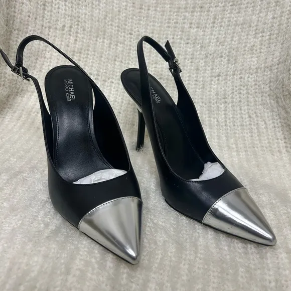 Michael Kors Kadence black leather cap toe slingback pump 4” heel Sz-8M.  J