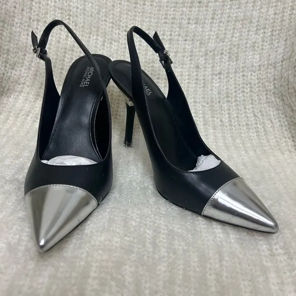 Michael Kors Kadence black leather cap toe slingback pump 4” heel Sz-8M.  J
