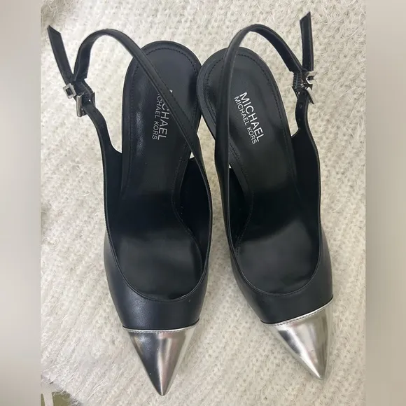 Michael Kors Kadence black leather cap toe slingback pump 4” heel Sz-8M.  J