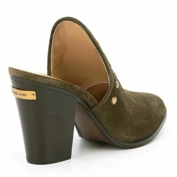 Michael Kors Louise Suede Mules Olive Studded Stacked Block Heel Slip On Clog