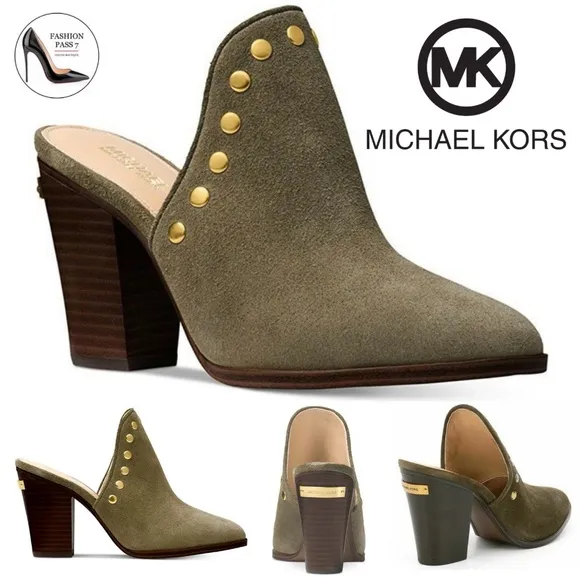 Michael Kors Louise Suede Mules Olive Studded Stacked Block Heel Slip On Clog
