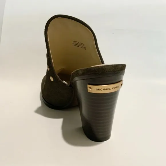 Michael Kors Louise Suede Mules Olive Studded Stacked Block Heel Slip On Clog