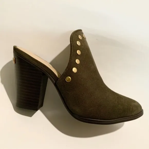 Michael Kors Louise Suede Mules Olive Studded Stacked Block Heel Slip On Clog