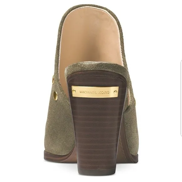 Michael Kors Louise Suede Mules Olive Studded Stacked Block Heel Slip On Clog