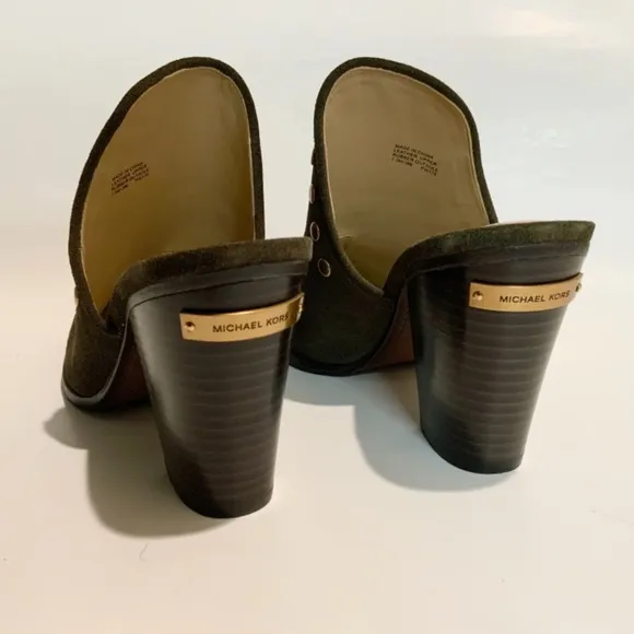 Michael Kors Louise Suede Mules Olive Studded Stacked Block Heel Slip On Clog