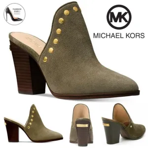 Michael Kors Louise Suede Mules Olive Studded Stacked Block Heel Slip On Clog