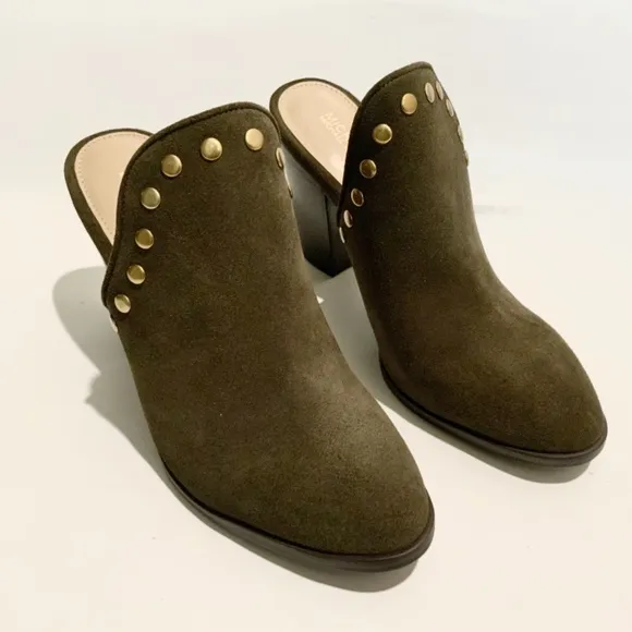 Michael Kors Louise Suede Mules Olive Studded Stacked Block Heel Slip On Clog