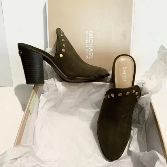 Michael Kors Louise Suede Mules Olive Studded Stacked Block Heel Slip On Clog