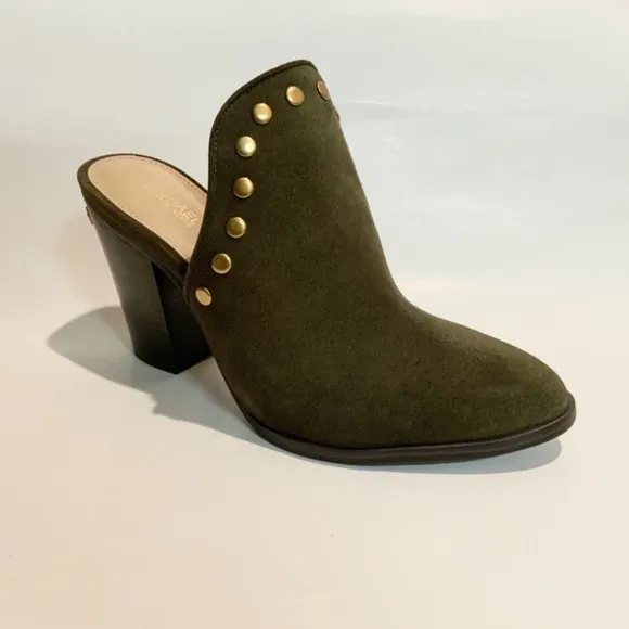 Michael Kors Louise Suede Mules Olive Studded Stacked Block Heel Slip On Clog