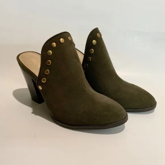 Michael Kors Louise Suede Mules Olive Studded Stacked Block Heel Slip On Clog