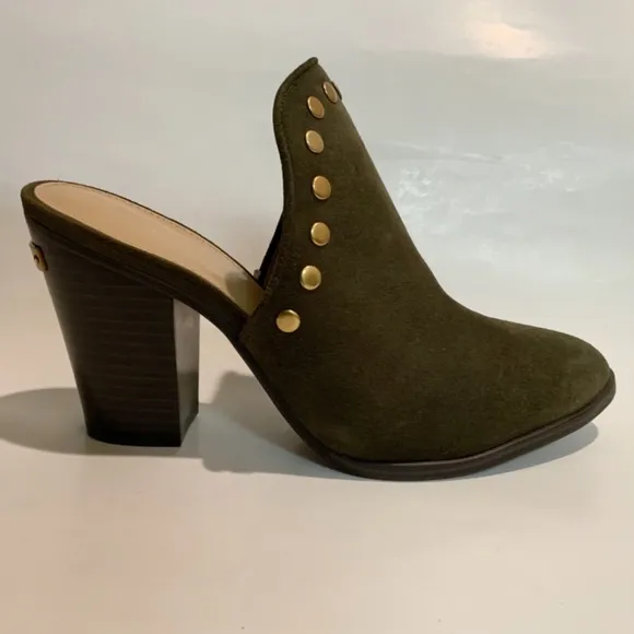 Michael Kors Louise Suede Mules Olive Studded Stacked Block Heel Slip On Clog