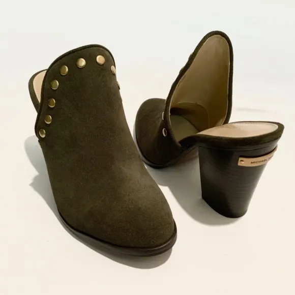Michael Kors Louise Suede Mules Olive Studded Stacked Block Heel Slip On Clog