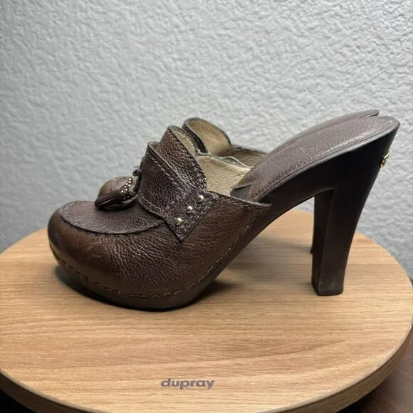 Michael Kors San Antonio Mules Brown Leather Tassel Heeled Womens Size 7