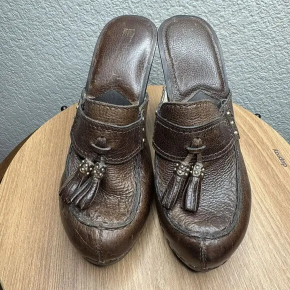 Michael Kors San Antonio Mules Brown Leather Tassel Heeled Womens Size 7