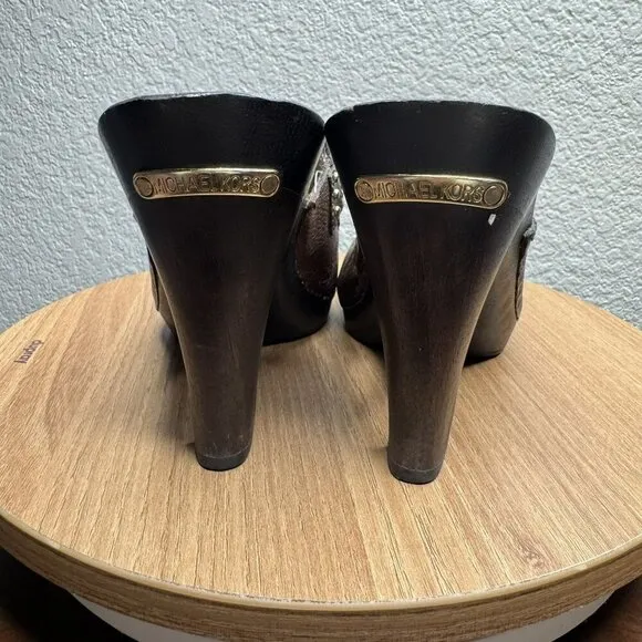 Michael Kors San Antonio Mules Brown Leather Tassel Heeled Womens Size 7