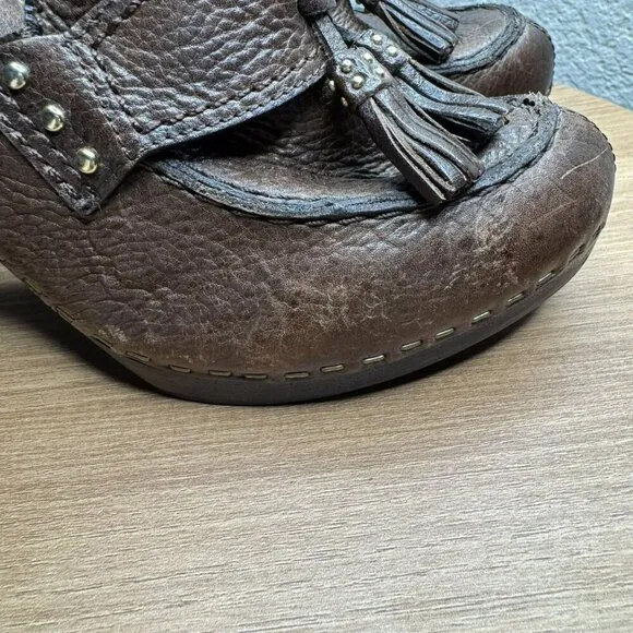 Michael Kors San Antonio Mules Brown Leather Tassel Heeled Womens Size 7