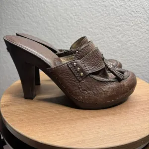 Michael Kors San Antonio Mules Brown Leather Tassel Heeled Womens Size 7