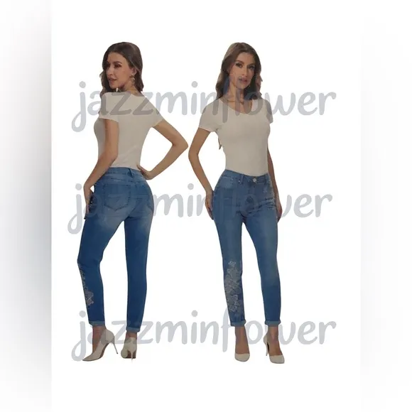 Midrise white embroidery slim blue jeans size 8 new
