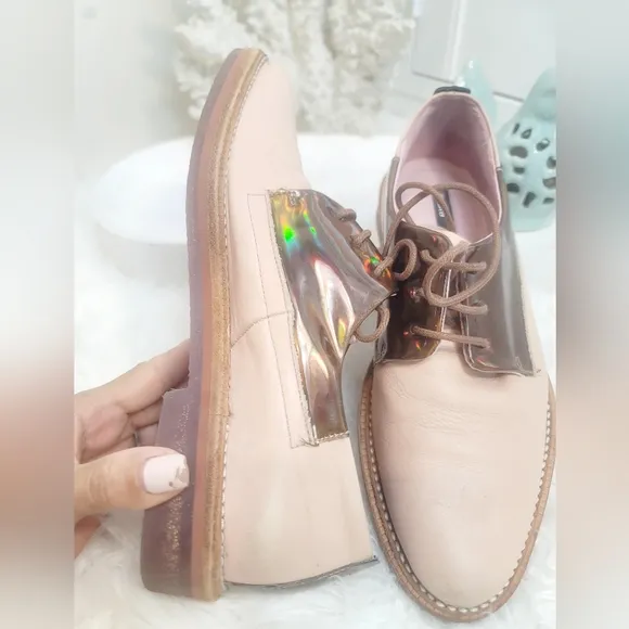 MIISTA METALLIC LEATHER PINK LACE-UP OXFORD WOMEN'S SIZE 37