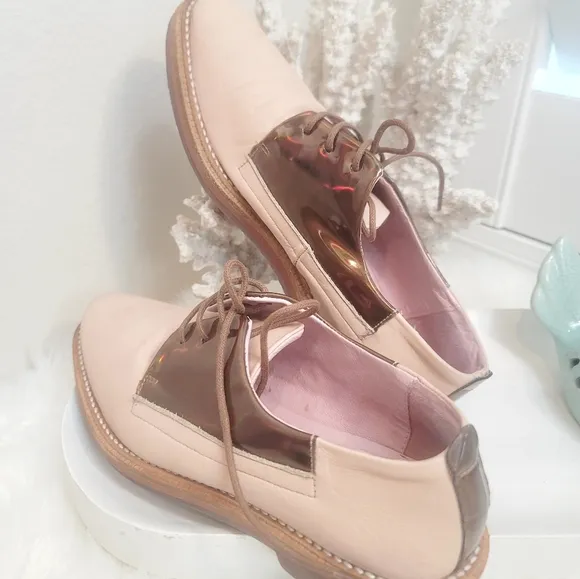 MIISTA METALLIC LEATHER PINK LACE-UP OXFORD WOMEN'S SIZE 37