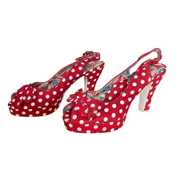 Miss L Fire Womens Red Suede White Polka Dot Slingback Heels Retro Sz 40 9.5