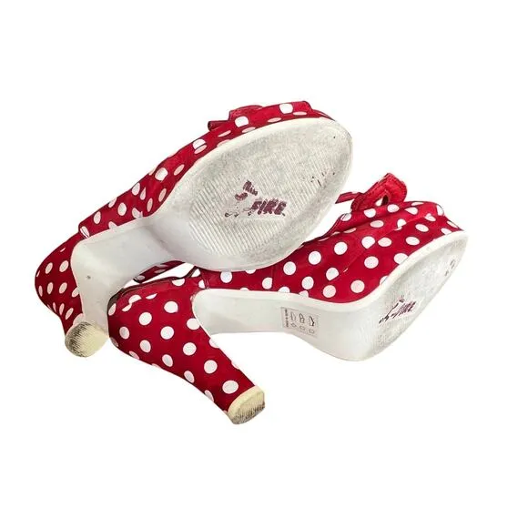 Miss L Fire Womens Red Suede White Polka Dot Slingback Heels Retro Sz 40 9.5