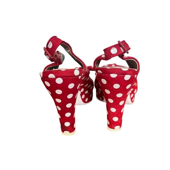 Miss L Fire Womens Red Suede White Polka Dot Slingback Heels Retro Sz 40 9.5