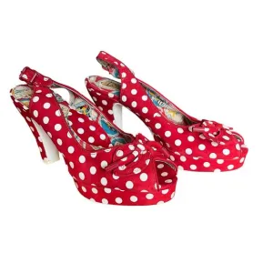 Miss L Fire Womens Red Suede White Polka Dot Slingback Heels Retro Sz 40 9.5