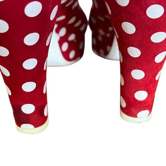 Miss L Fire Womens Red Suede White Polka Dot Slingback Heels Retro Sz 40 9.5