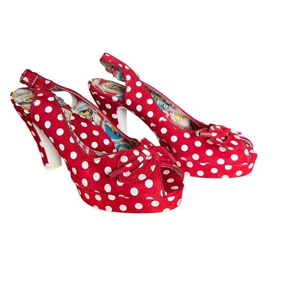 Miss L Fire Womens Red Suede White Polka Dot Slingback Heels Retro Sz 40 9.5
