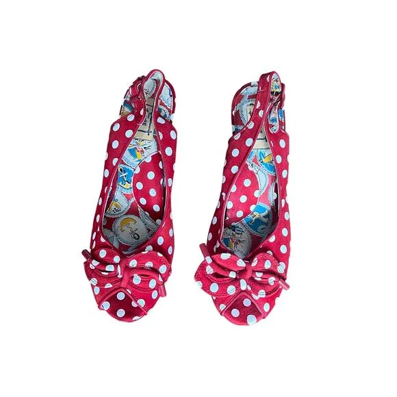 Miss L Fire Womens Red Suede White Polka Dot Slingback Heels Retro Sz 40 9.5