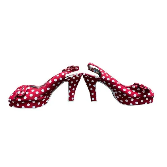 Miss L Fire Womens Red Suede White Polka Dot Slingback Heels Retro Sz 40 9.5