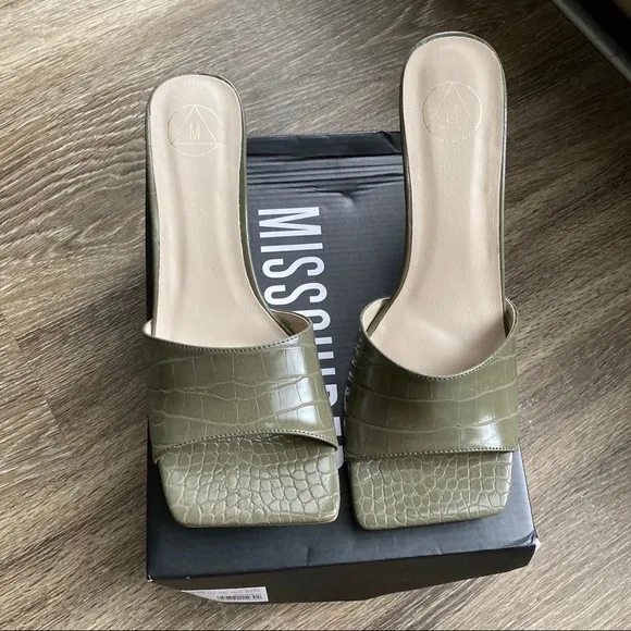 Missguided Green Square Toe Mid Heel Mules
