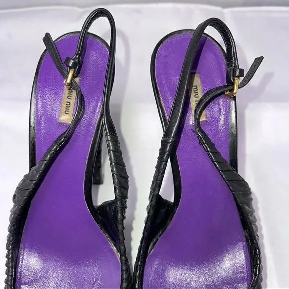 Miu Miu by Prada Black Leather SlingBack Heels Size 37.5 US 7.5 Authentic